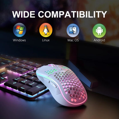 2.4GHz Wireless RGB Backlit Gaming Mouse with 6 Buttons, 3-Speed DPI, Type-C Rechargeable, and Ergonomic Honeycomb Design