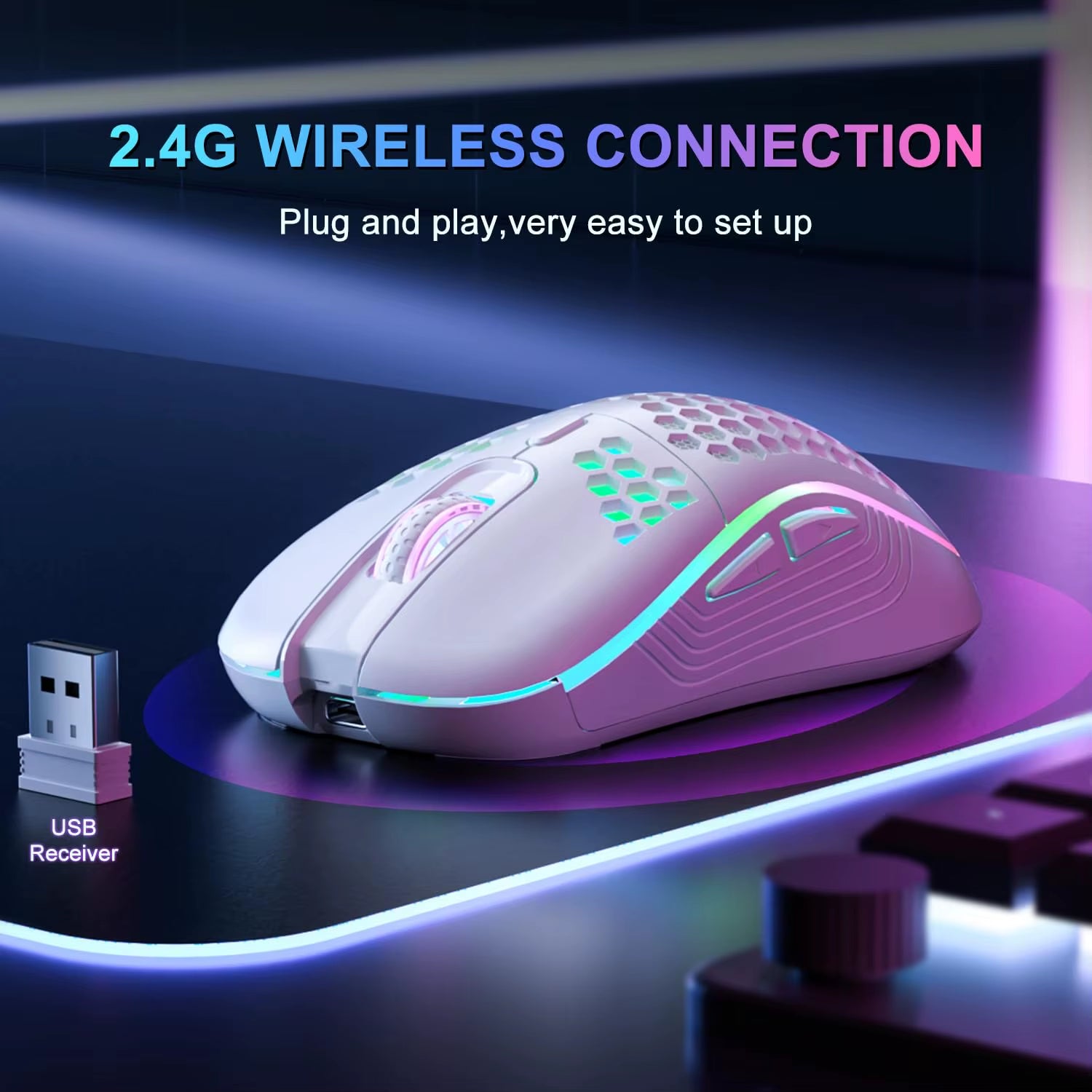 2.4GHz Wireless RGB Backlit Gaming Mouse with 6 Buttons, 3-Speed DPI, Type-C Rechargeable, and Ergonomic Honeycomb Design