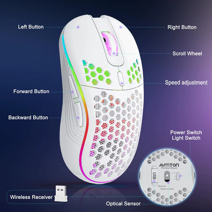 2.4GHz Wireless RGB Backlit Gaming Mouse with 6 Buttons, 3-Speed DPI, Type-C Rechargeable, and Ergonomic Honeycomb Design
