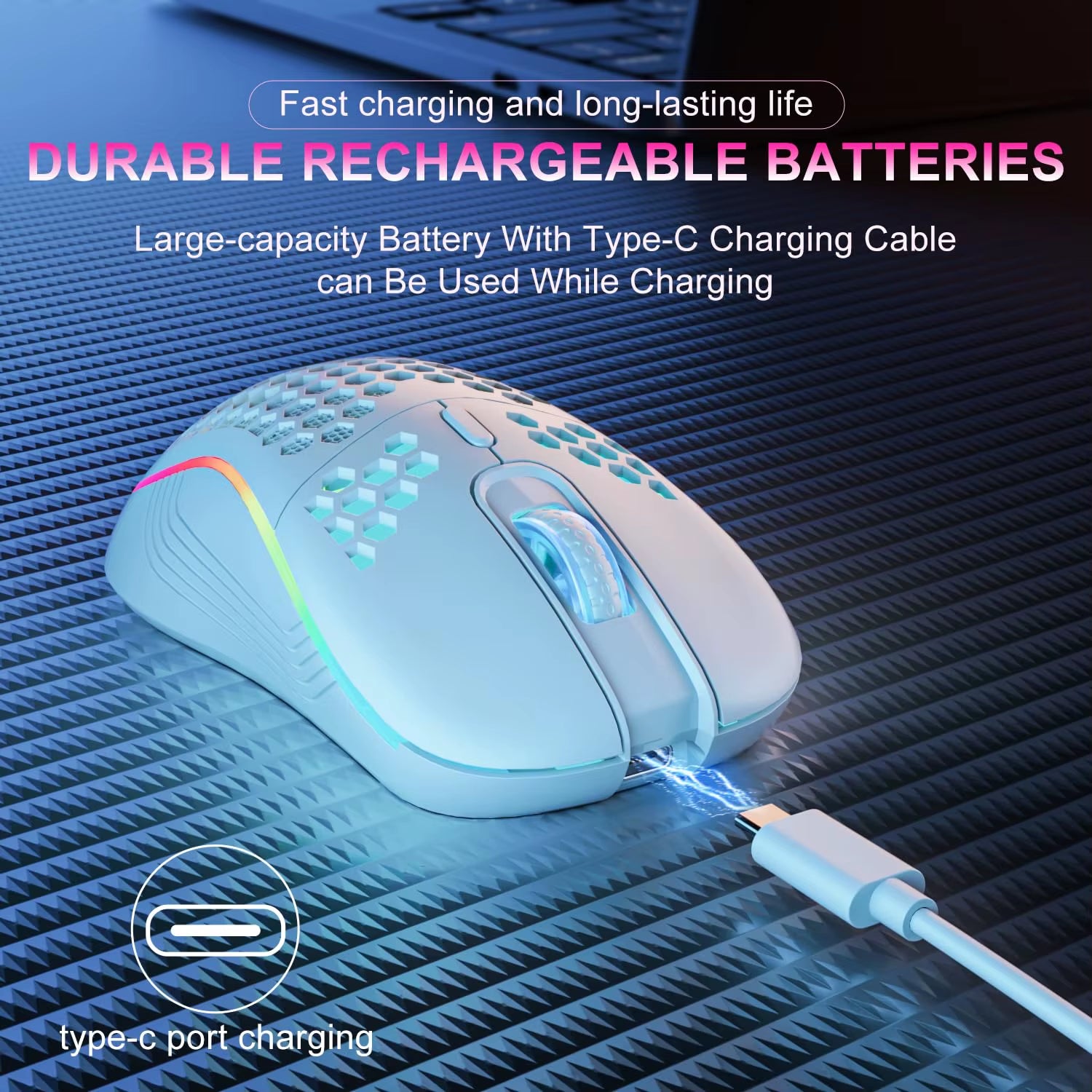 2.4GHz Wireless RGB Backlit Gaming Mouse with 6 Buttons, 3-Speed DPI, Type-C Rechargeable, and Ergonomic Honeycomb Design